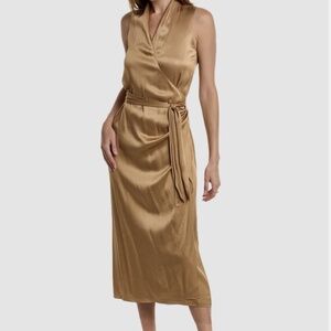 Vince size XL Sleeveless wrap maxi dress satin brown drape v-neck viscose